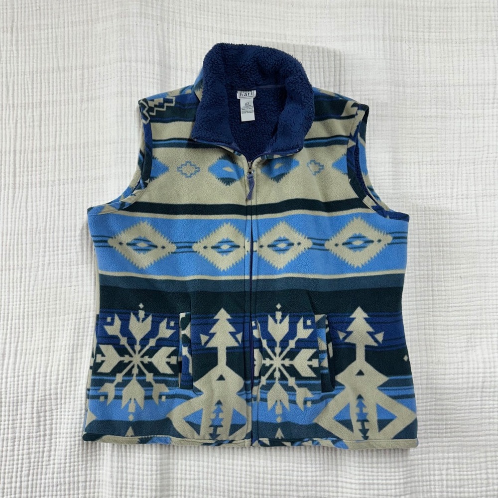 VTG Keren Hart blue Southwest Aztec fleece vest warm cozy size L
